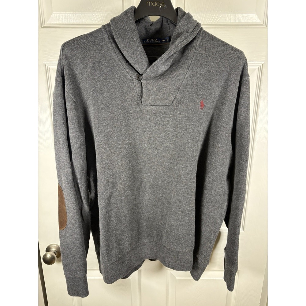 Polo Ralph Lauren Men XXL Gray Shawl Collar Pullover Sweater Elbow Patches Pony